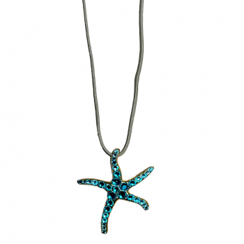 Ekaterini Halskette Starfish, Seestern, türkise Swarovski Kristalle an brauner Kordel und goldenen Akzenten